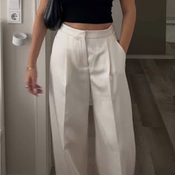 Zara Cream Wide-Leg High-Rise Trousers - Picture 4 of 8